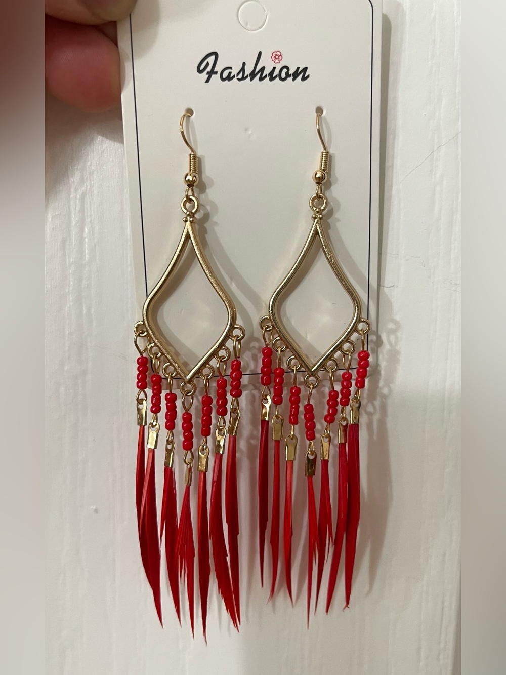 Gold-Tone Earrings with Red Beaded Fringe